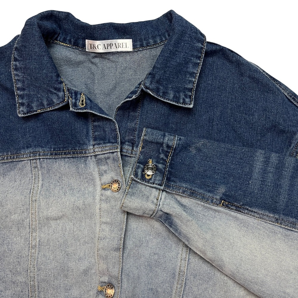 T&C Apparel Denim Jacket Womens Medium Blue Ombre Dip Dye Cropped Raw Hem 6483